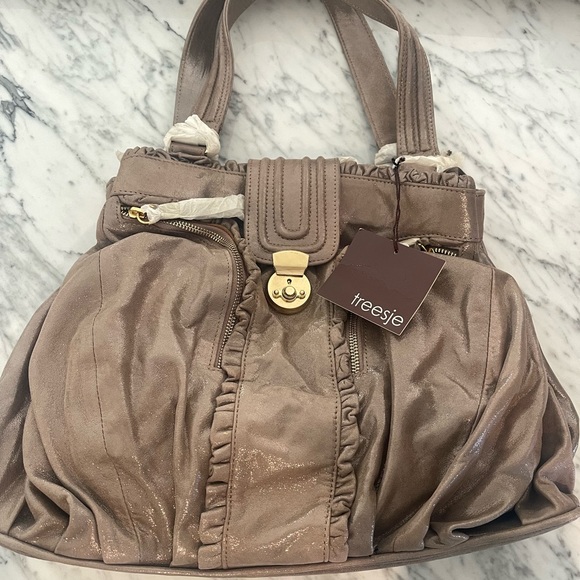 Treesje Handbags - NWT Treesje Metallic Taupe Gray Leather Handbag